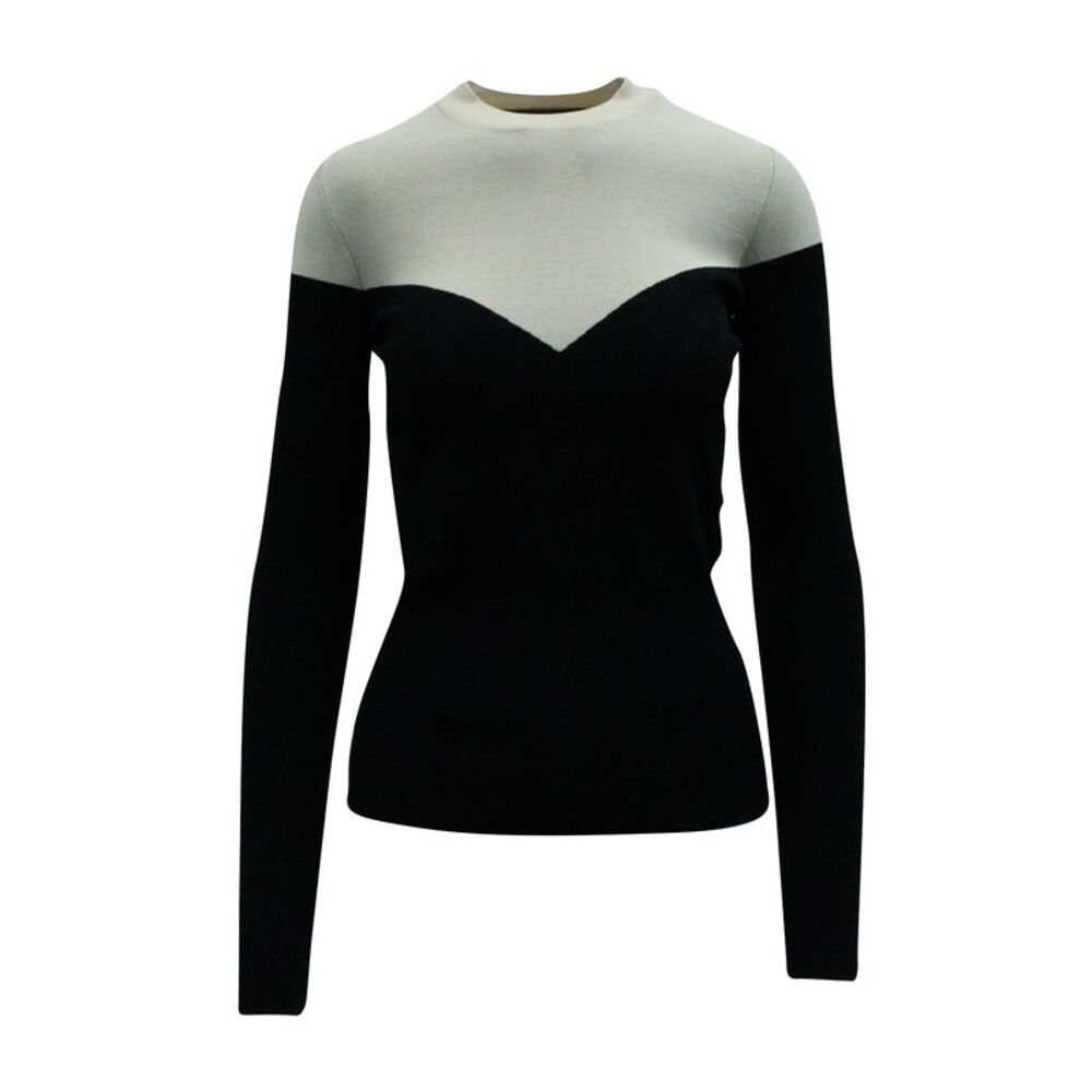 Paule Ka Bi-Color Long Sleeves Knit Top in Black and Beige Viscose